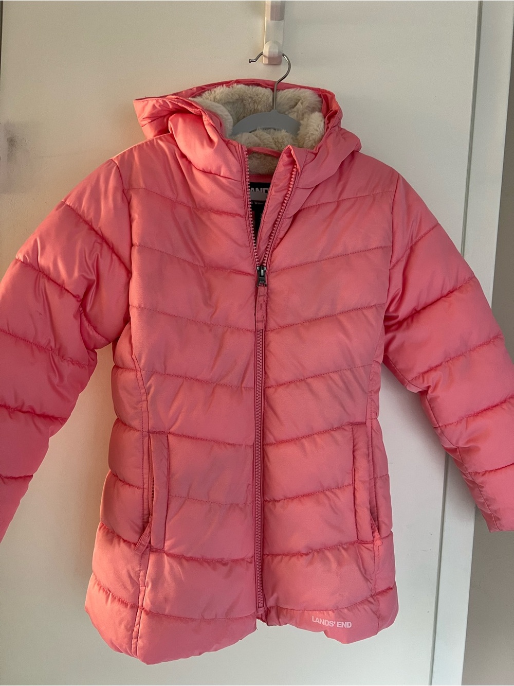 Lands' End Coral Pink Quilted Puffer Jacket with Hood
